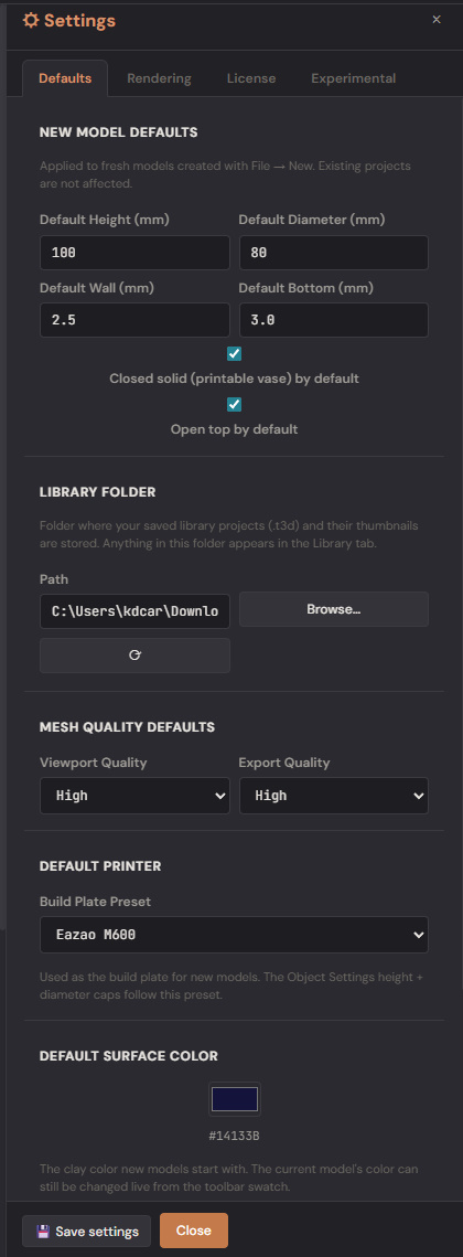 Settings — Defaults
