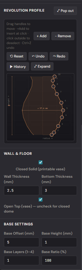 Shape tab — Revolution Profile + Wall&Floor + Base