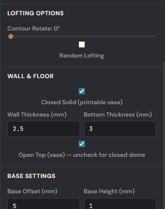 Lofting — options panel