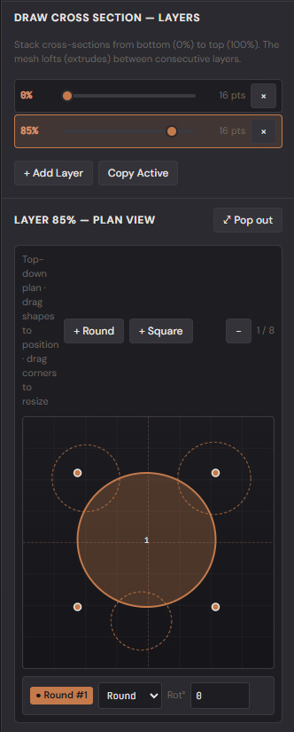 Multi-Object plan-view editor with three primitives